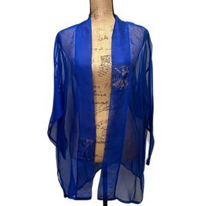 Vintage Chico's Design Sheer Silk Cardigan Blue Asian Folk Art Print Size Medium